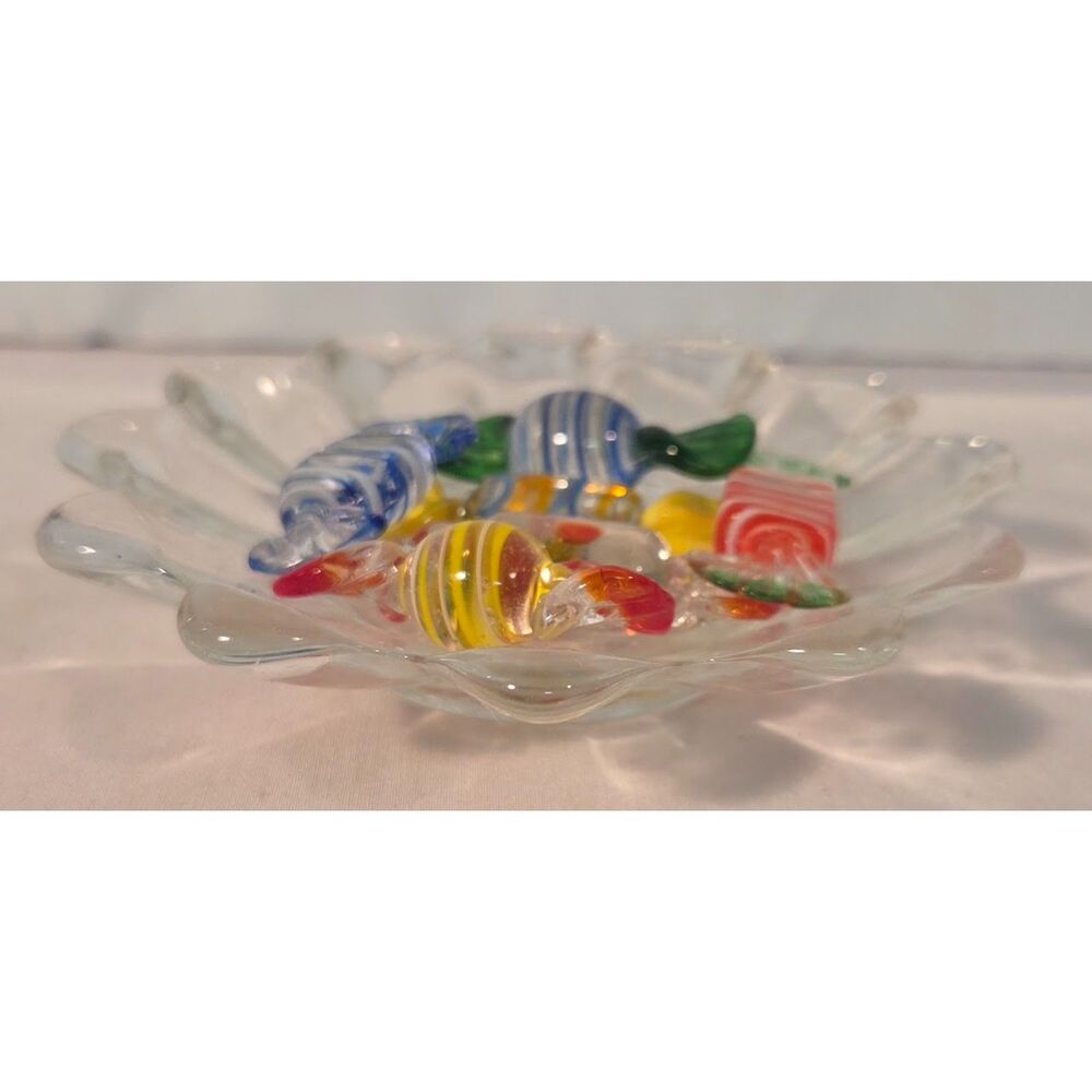 Vintage Art Glass Candy Dish with Hand Blown Glass Candy Lot Decorative Display